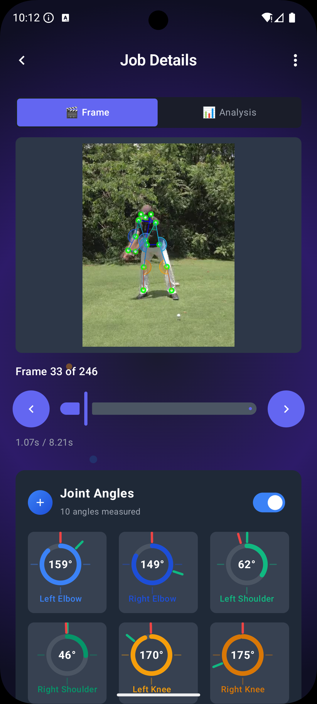 Analysis Results: Detailed biomechanical report with angle measurements, velocity graphs, and performance metrics for golf swing analysis